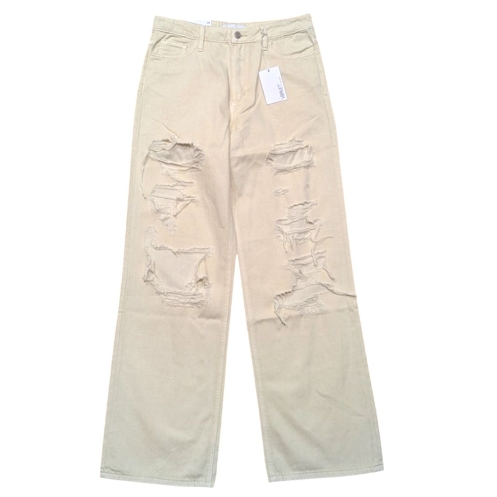 Vervet 90s Dad Jeans Womens 28 Wide Leg Cream Tan Ripped Destroyed Pants NWT
